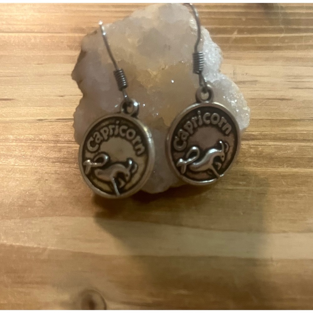 Antique Silver Capricorn Goat Zodiac Sign Stamped Metal Earrings-Boho -Gift -New - Picture 2 of 11
